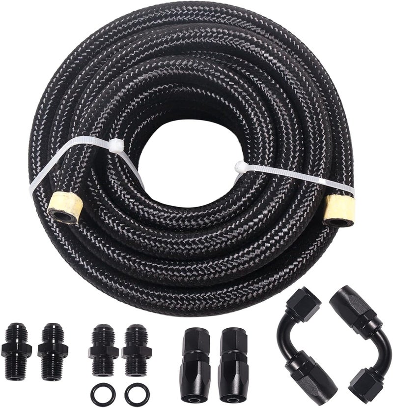 JSDAN Store 6AN Fuel Line Kit 15FT 4L60E 4L65E CPE Fuel Hose, Stainless Steel 6AN Nylon Braided Fuel Line Hose Fitting Transmission for land vehicles Oil Cooler Line Hose with 6AN 90 degree&Straight Hose Ends - Image 1
